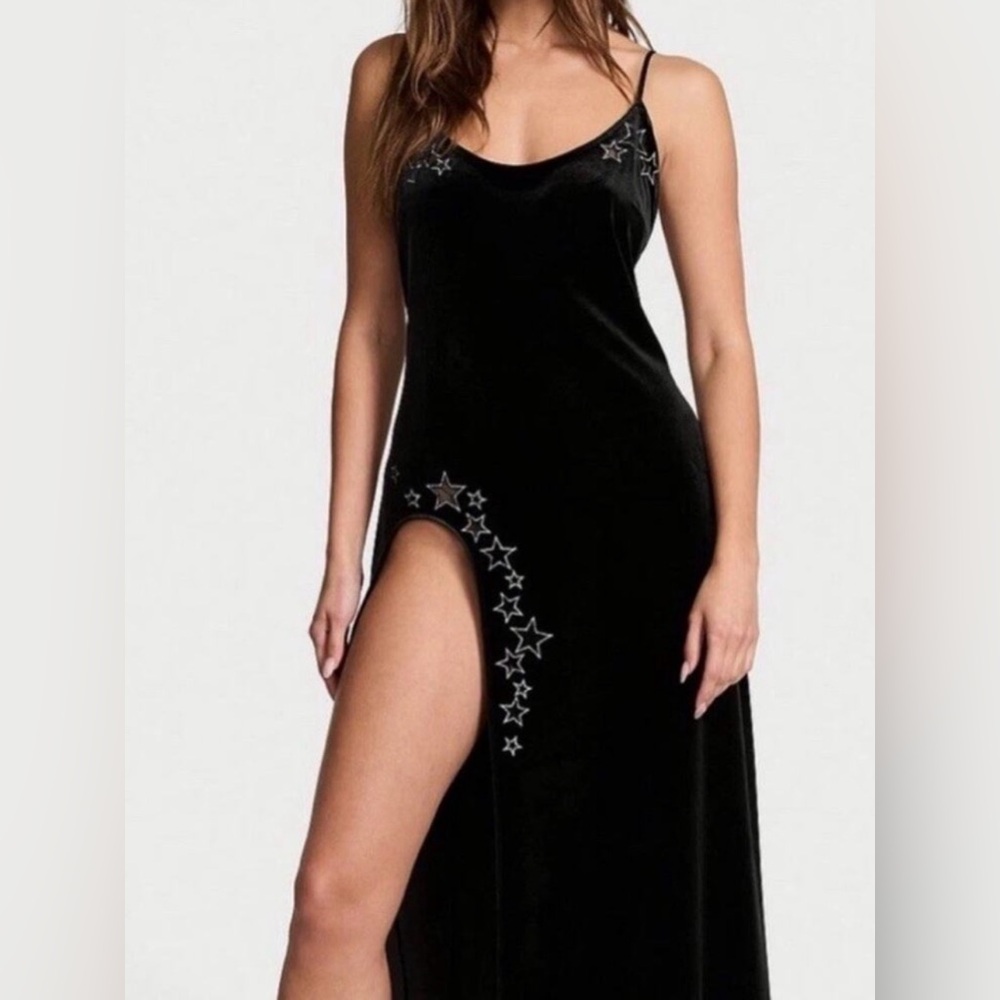 Victoria’s Secret Velvet Starstruck Embellished Slip Maxi Dress Gown Black XL